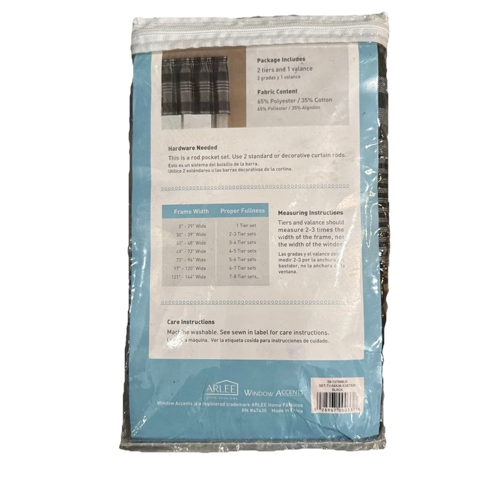 Arlee Window Accents Tier & Valance Curtain Set Exeter Black White Plaid 58 In